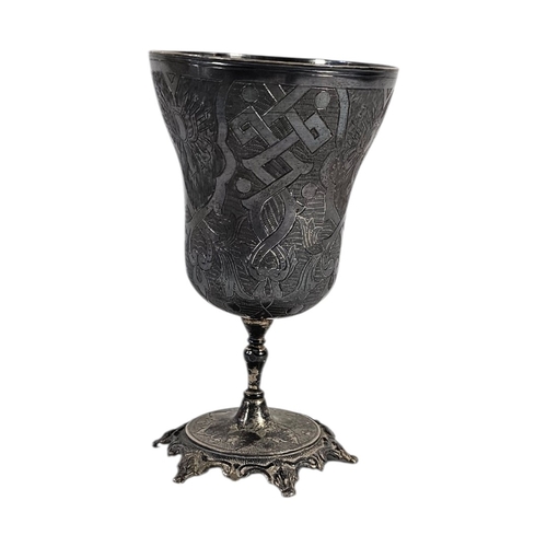 9 - A 19TH CENTURY TURKISH WHITE METAL CHALICE/GOBLET
Having engraved decoration, on scrolled base.
(app... 
