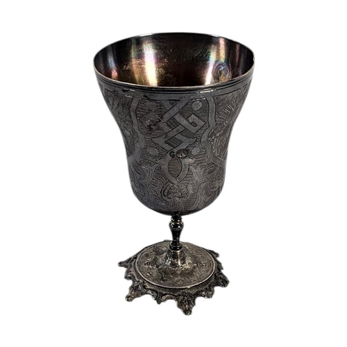 9 - A 19TH CENTURY TURKISH WHITE METAL CHALICE/GOBLET
Having engraved decoration, on scrolled base.
(app... 