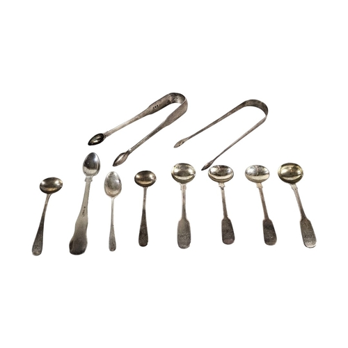 91 - A COLLECTION OF GEORGIAN AND LATER SILVER FLATWARE
To include two sugar tongs, mustard spoons includ... 