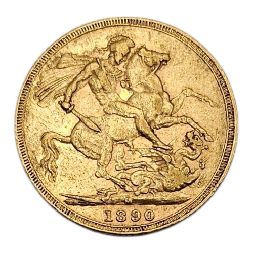 13A - A VICTORIAN 22CT GOLD FULL SOVEREIGN COIN, DATED 1890 
With Jubilee portrait bust and George and Dra... 
