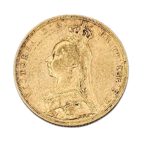 14A - A VICTORIAN 22CT GOLD FULL SOVEREIGN COIN, DATED 1892 
With Jubilee portrait bust and George and Dra... 