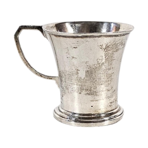 24 - A MID CENTURY CONTINENTAL SILVER CHRISTENING MUG
Single Art Deco handle and engraved inscription dat... 
