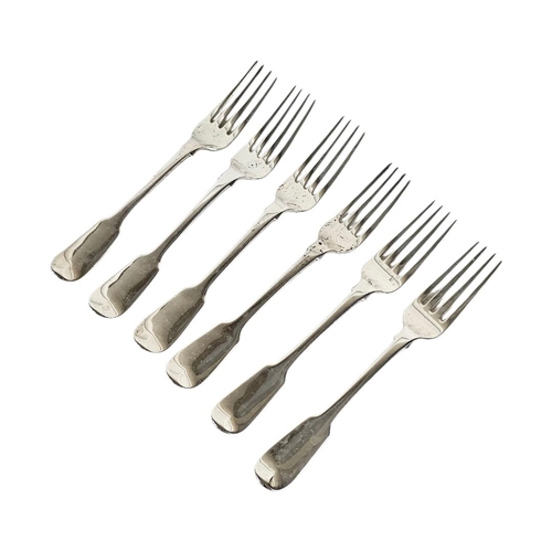 31 - A SET OF SIX GEORGIAN SILVER DINNER FORKS
Large heavy gauge forks of plain form, hallmarked WC, Lond... 