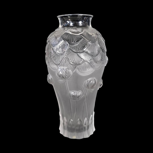 13 - LALIQUE, A VINTAGE ‘GIVERNY’ FROSTED GLASS VASE
Embossed floral decoration, engraved marked to base ... 