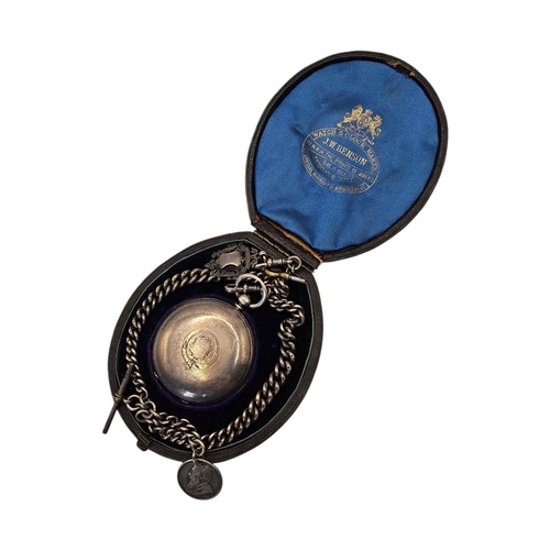 23 - J.W. BENSON, A VICTORIAN SILVER FULL HUNTER GENT’S POCKET WATCH AND DOUBLE ALBERT CHAIN
Key wind mec... 