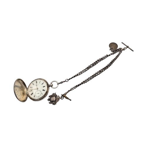 23 - J.W. BENSON, A VICTORIAN SILVER FULL HUNTER GENT’S POCKET WATCH AND DOUBLE ALBERT CHAIN
Key wind mec... 