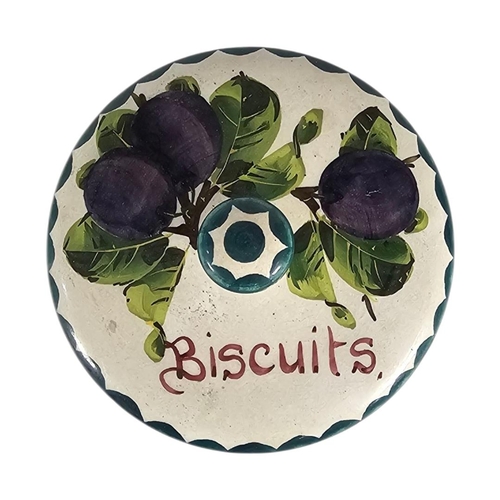44 - WEMYSS WARE, AN EARLY 20TH CENTURY ‘PLUMS’ POTTERY BISCUIT BOX
Hand painted decoration of purple fru... 