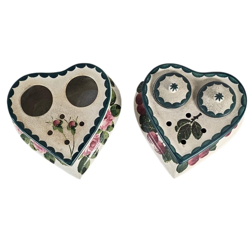 59 - WEMYSS WARE, TWO EARLY 20TH CENTURY POTTERY INKSTANDS
Heart form with twin inkwells, decorated with ... 