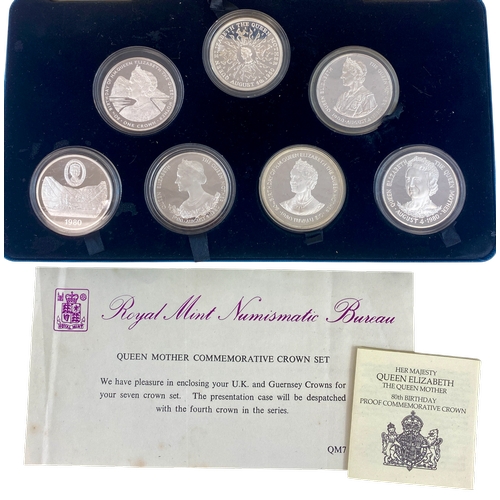 15 - Queen Mother Commemorative Proof Crowns in .925 Sterling Silver, each weighing 28.28 grams. 7 Coins ... 