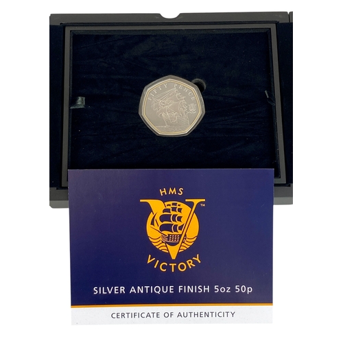 50 - HMS Victory Silver Antique Finish 5 ounce 50 Pence Coin, Cased with Certificate of
Authenticity. Jer... 