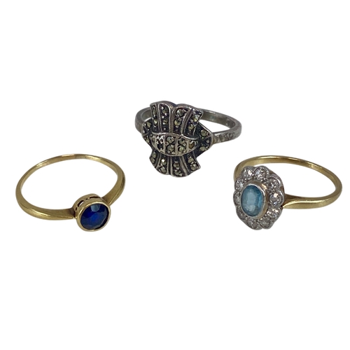 676 - 3 ring lot: 9ct Gold Single stone Ring, weight 1.65 grams ring size N. 18ct Gold Multi-Stone Diamond... 