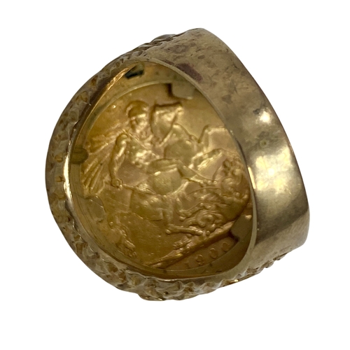 209 - Victoria (1837-1901) Veil head Gold Sovereign housed in 9ct gold Ring, boxed. Size S. Gross weight 1... 
