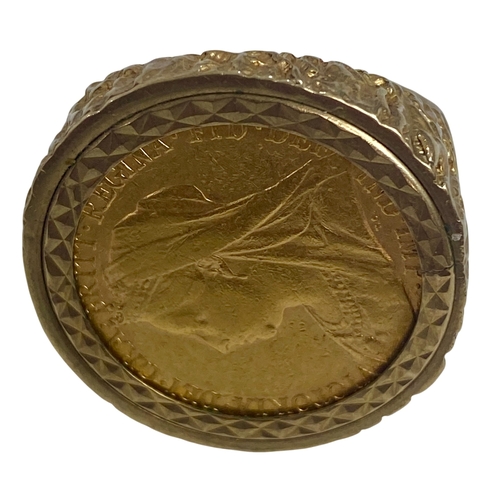 209 - Victoria (1837-1901) Veil head Gold Sovereign housed in 9ct gold Ring, boxed. Size S. Gross weight 1... 