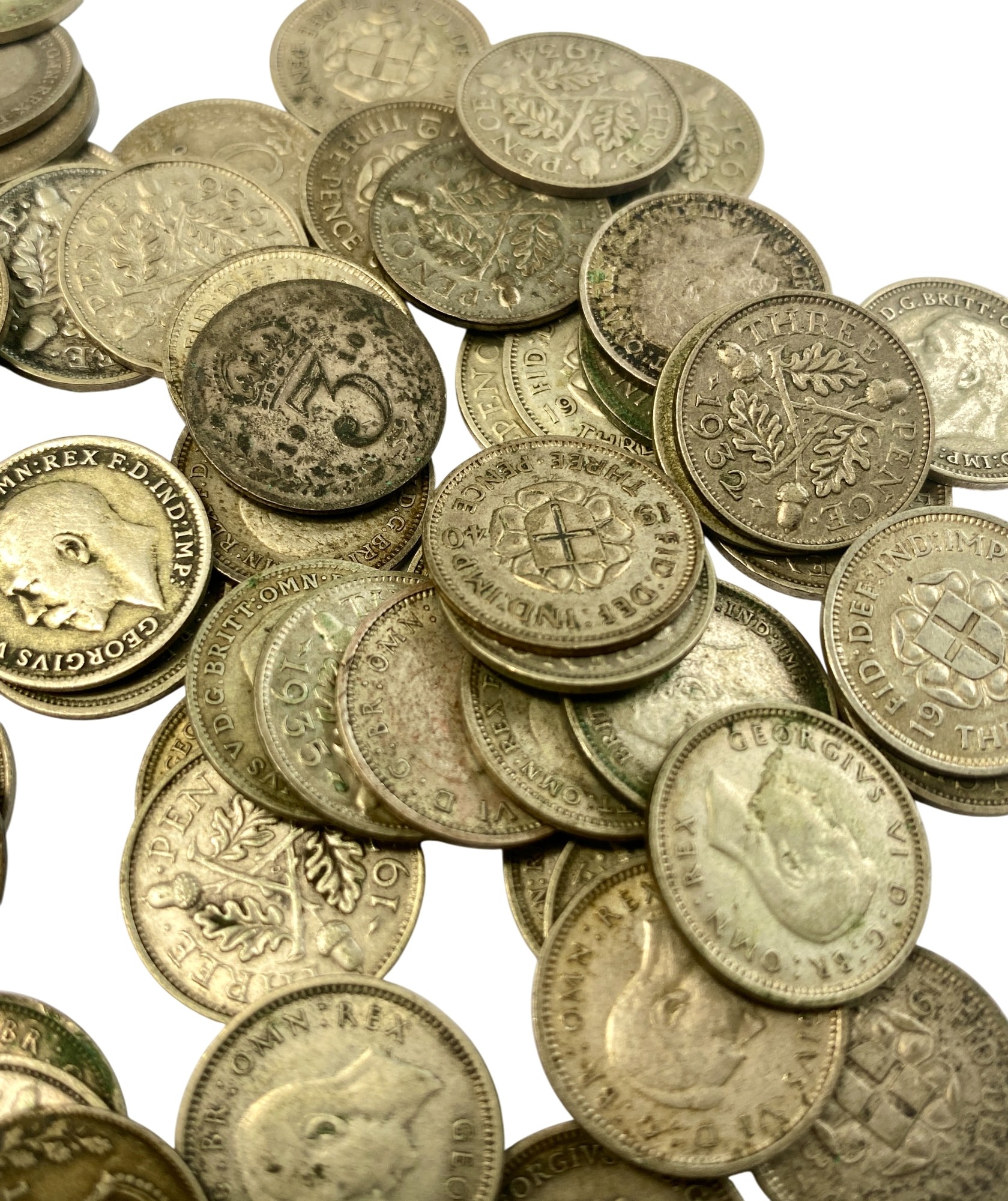 Old hoard of George V/George VI Silver Threepences , All unsorted. 80 ...