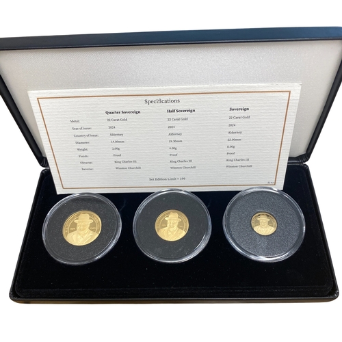61 - 2024 150th Anniversary of Winston Churchill Gold proof 3 coin Sovereign Set.
Quarter, Half and Full ... 