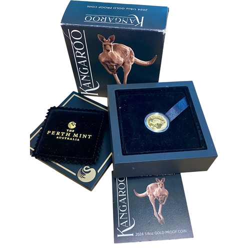 66 - 2024 Australian Kangaroo coin struck by the Perth Mint.
1/4 Ounce proof gold coin. 
Housed in Perth ... 