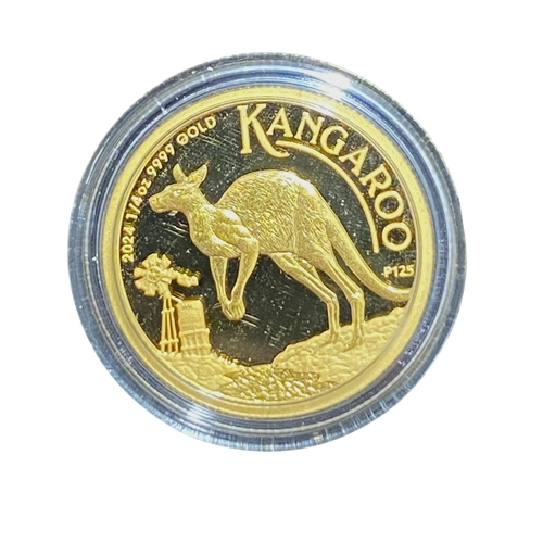 66 - 2024 Australian Kangaroo coin struck by the Perth Mint.
1/4 Ounce proof gold coin. 
Housed in Perth ... 