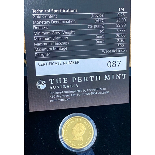 66 - 2024 Australian Kangaroo coin struck by the Perth Mint.
1/4 Ounce proof gold coin. 
Housed in Perth ... 