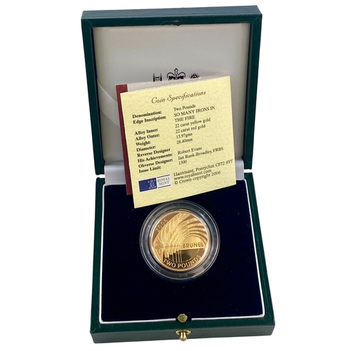 70 - United Kingdom Gold proof two pounds 2006 Brunel.
Stuck in 22 ct Gold.
15.97 Grams cased with COA.
P... 
