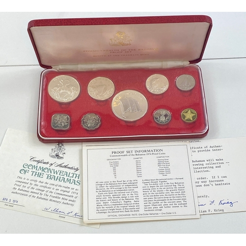 73 - Bahamas 1074 Proof set 
$5 and $2 sterling .925 Silver
$1 and 50c .800 Silver.
Practically as struck... 