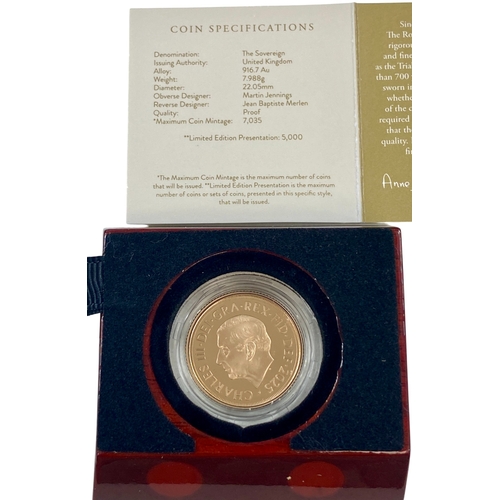 90 - Charles III Gold proof Sovereign 2025.
Shield design.
Brilliant, about a struck, in original Royal M... 