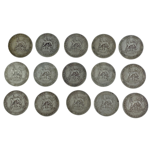 103 - Edward VII (1902-1910)
A Hoard of .925 Silver Shillings
1907 (2), 1909 (4), 1910 (9)
Total weight 82... 