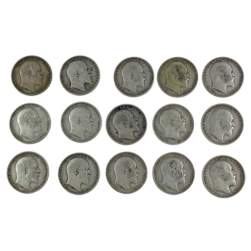 103 - Edward VII (1902-1910)
A Hoard of .925 Silver Shillings
1907 (2), 1909 (4), 1910 (9)
Total weight 82... 