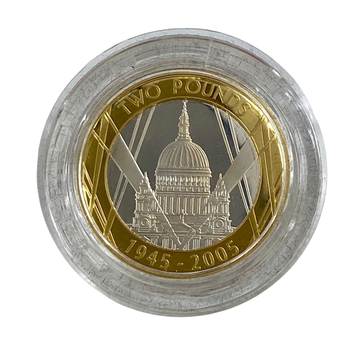 107 - 2005 End of WWII Silver proof Piedfort £2 coin. Toning on reverse of coin, otherwise practically as ... 