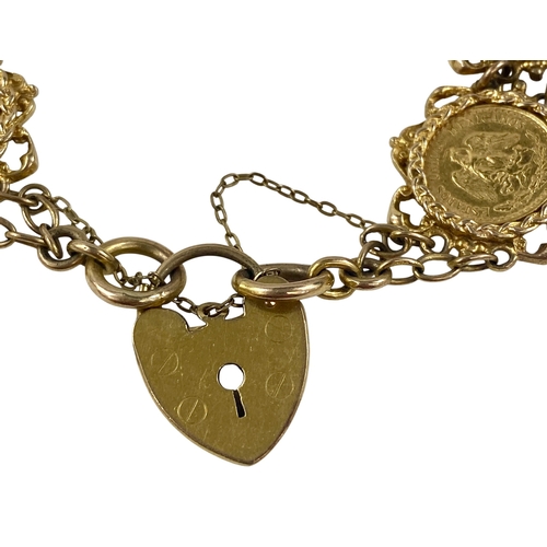 166 - A 9ct Gold bracelet containing 8 x Mexico 2 pesos Gold Coins, Each weighing 1.67 grams of .900 Gold.... 