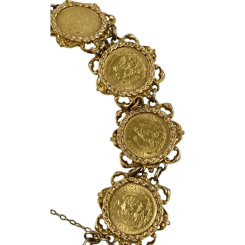 166 - A 9ct Gold bracelet containing 8 x Mexico 2 pesos Gold Coins, Each weighing 1.67 grams of .900 Gold.... 