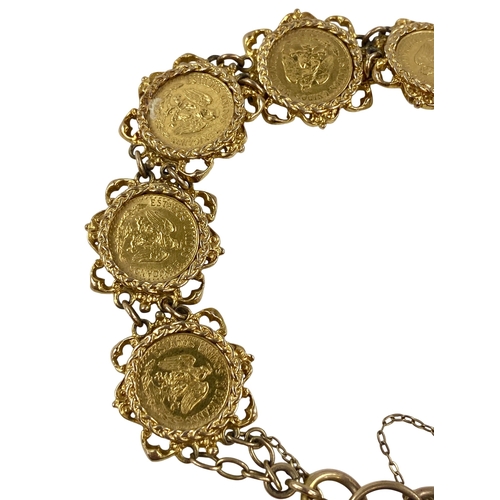 166 - A 9ct Gold bracelet containing 8 x Mexico 2 pesos Gold Coins, Each weighing 1.67 grams of .900 Gold.... 