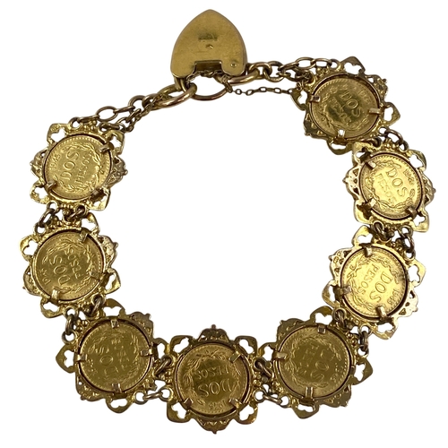 166 - A 9ct Gold bracelet containing 8 x Mexico 2 pesos Gold Coins, Each weighing 1.67 grams of .900 Gold.... 