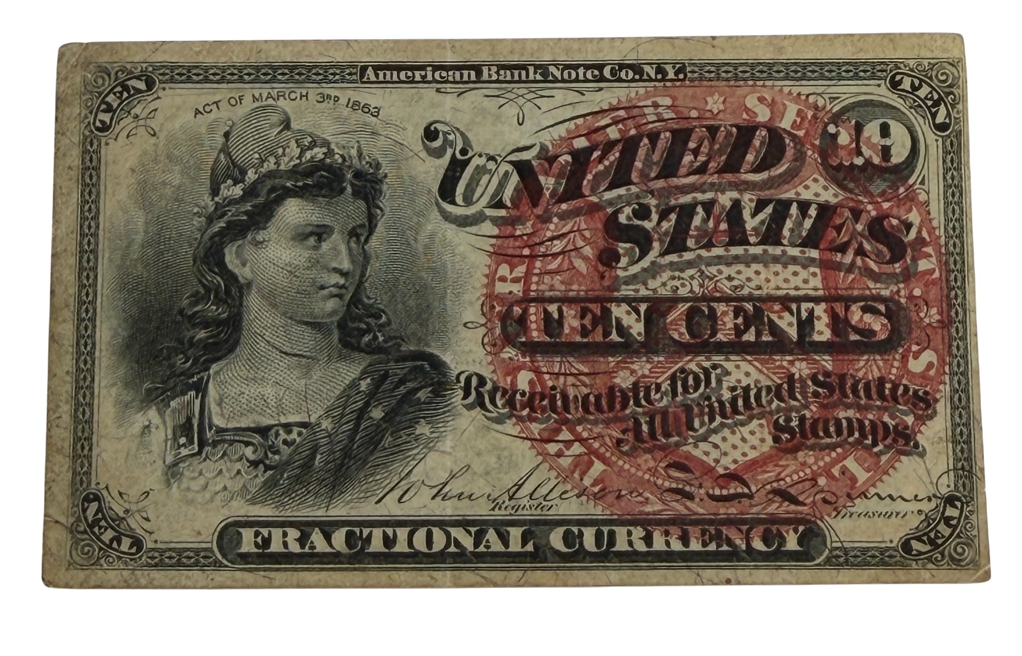USA Fractional Currency 10 cent Note, scarce. Very Fine.