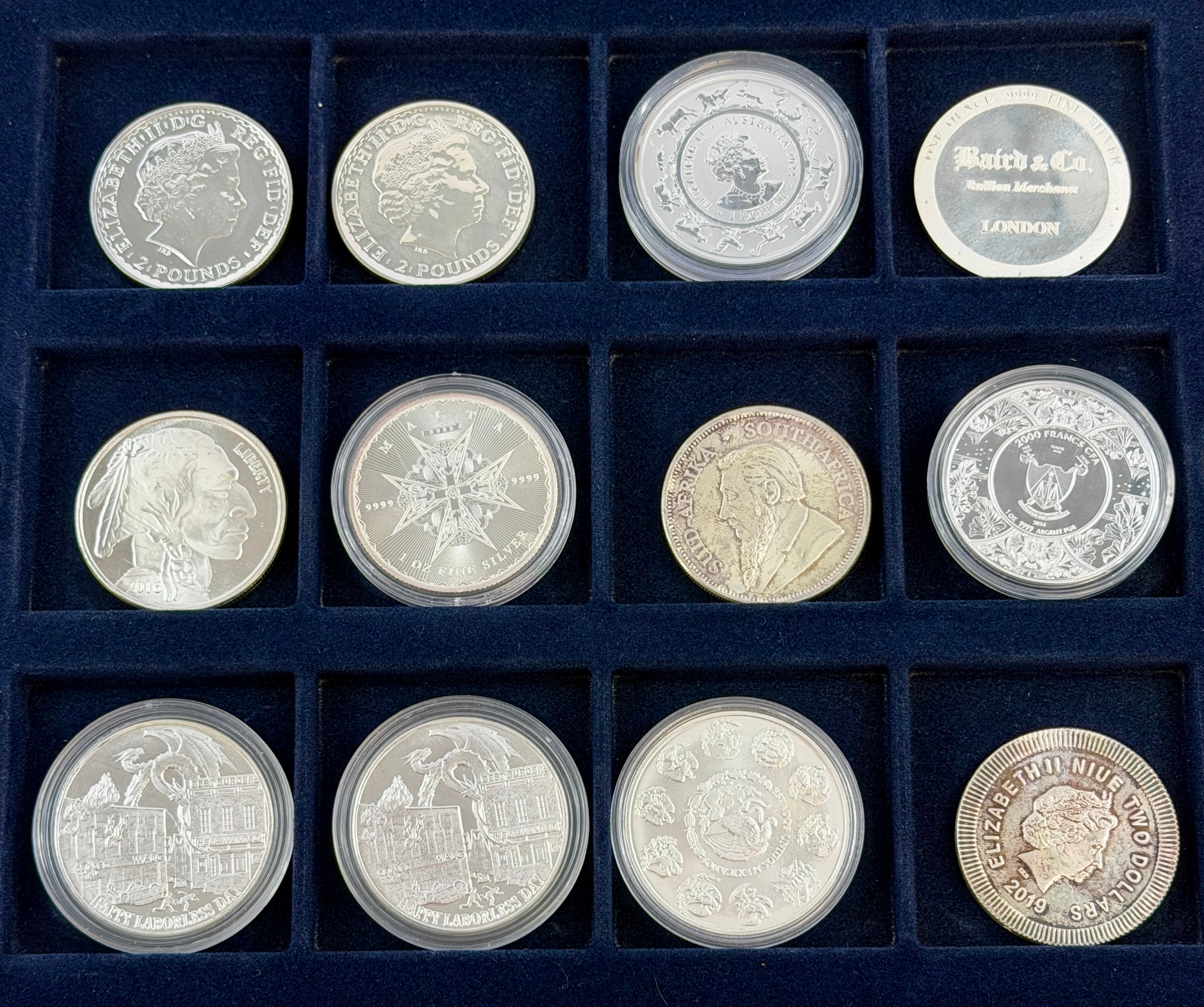 A collection of 12 x various 1 ounce .999 fine silver coins in ...