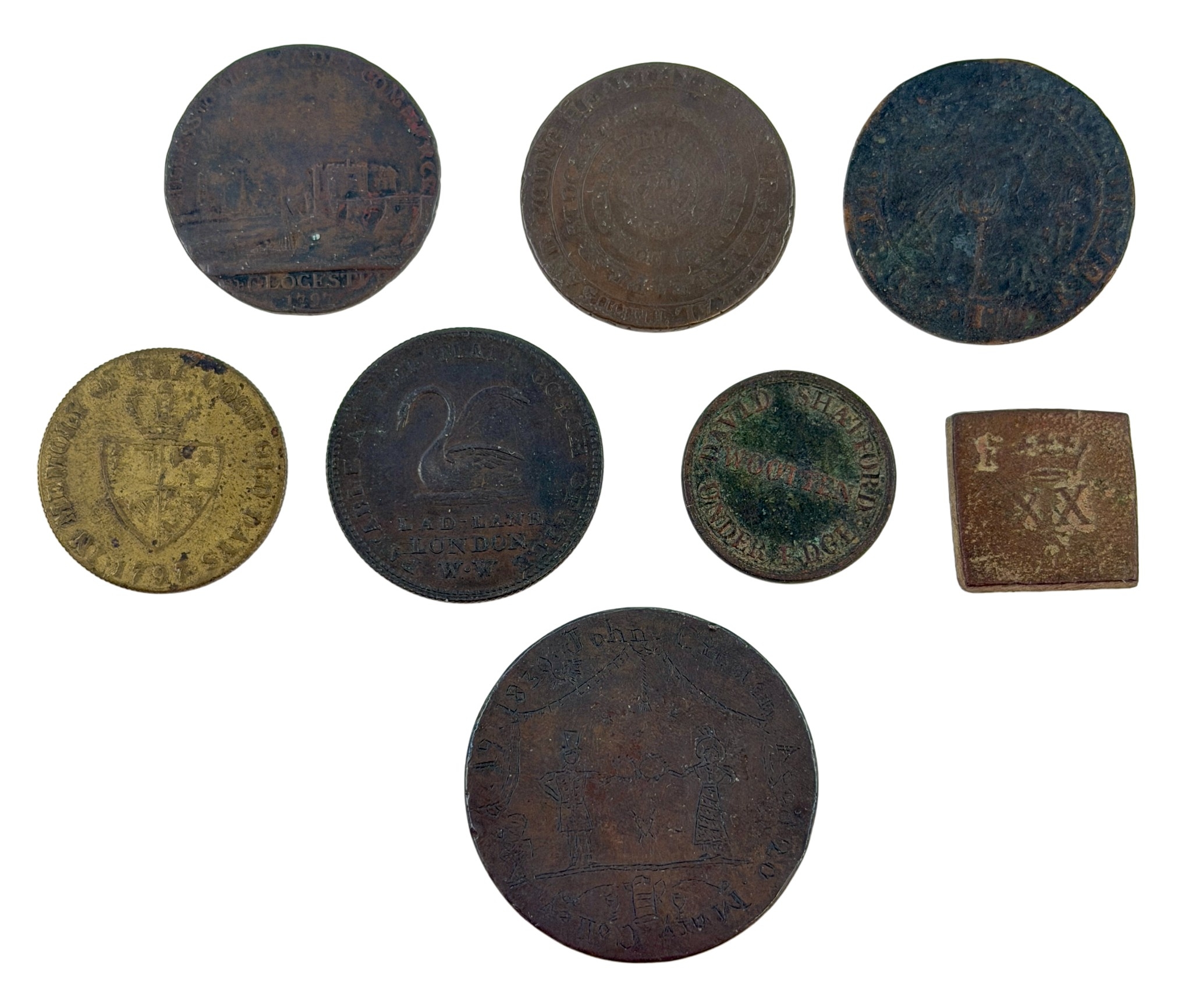 Collection of early copper Tokens and a George III Brass imitation Guinea.