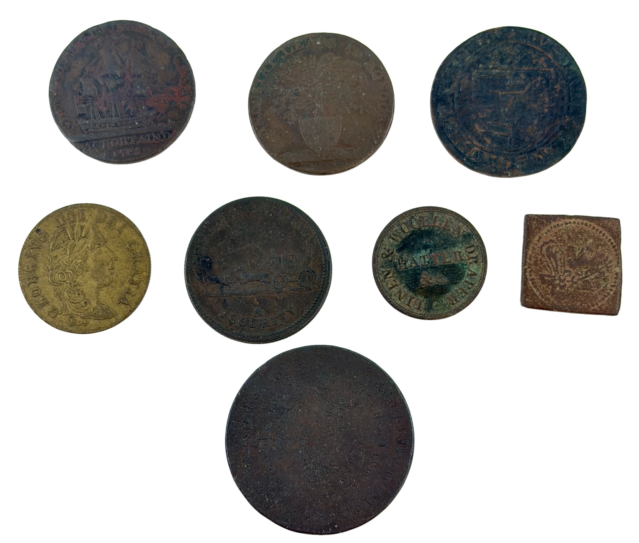 Collection of early copper Tokens and a George III Brass imitation Guinea.