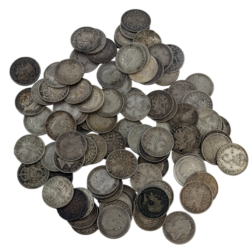 239 - A group of 100 x pre 1920 Silver Threepences.
Weight 136.76 grams .925 Silver.
Generally fair to fin... 