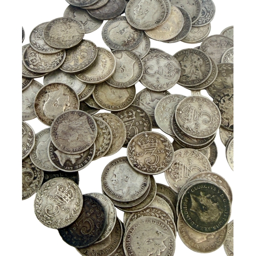 239 - A group of 100 x pre 1920 Silver Threepences.
Weight 136.76 grams .925 Silver.
Generally fair to fin... 