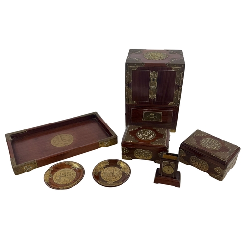 280 - Chinese style hardwood and brass mounted dressing table set, comprising a small cabinet with twin do... 