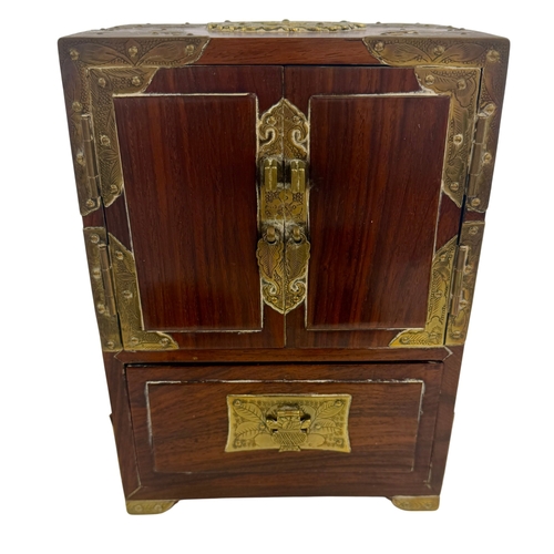 280 - Chinese style hardwood and brass mounted dressing table set, comprising a small cabinet with twin do... 