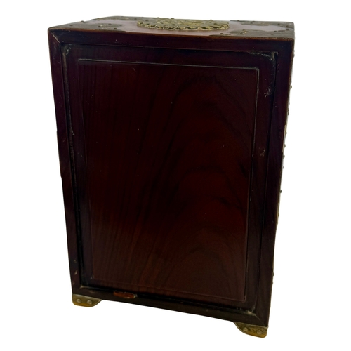 280 - Chinese style hardwood and brass mounted dressing table set, comprising a small cabinet with twin do... 