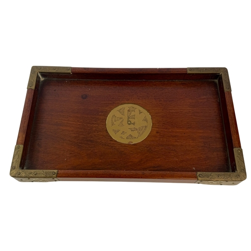 280 - Chinese style hardwood and brass mounted dressing table set, comprising a small cabinet with twin do... 
