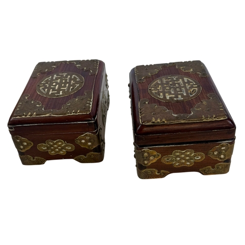 280 - Chinese style hardwood and brass mounted dressing table set, comprising a small cabinet with twin do... 