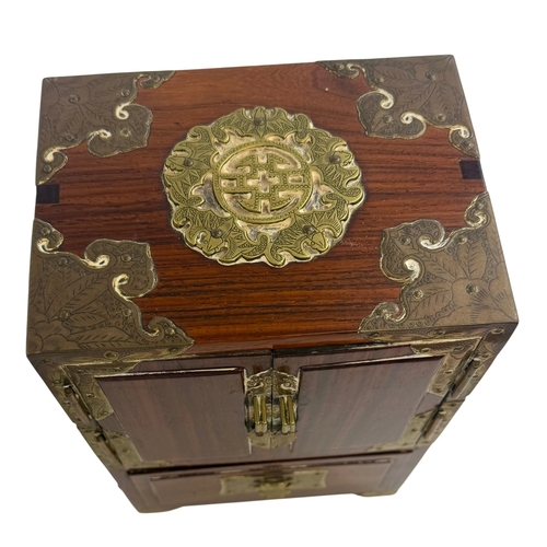280 - Chinese style hardwood and brass mounted dressing table set, comprising a small cabinet with twin do... 