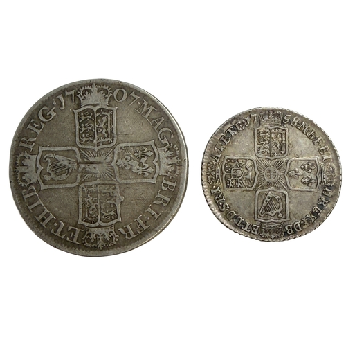 290 - Anne Silver Halfcrown 1707 E below bust, George III Shilling 1758.
Fine to very fine.