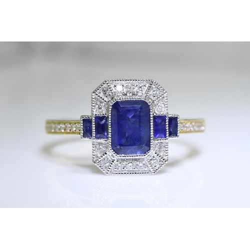 65 - Blue Sapphire & Diamond Art Deco Style Ring