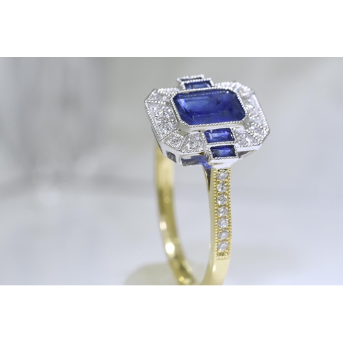 65 - Blue Sapphire & Diamond Art Deco Style Ring