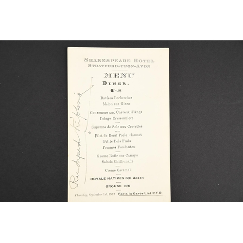 106 - Rudyard Kipling (1865 - 1936) Original Signature on hotel menu dated 1932.