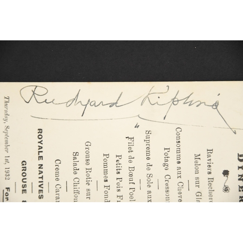 106 - Rudyard Kipling (1865 - 1936) Original Signature on hotel menu dated 1932.