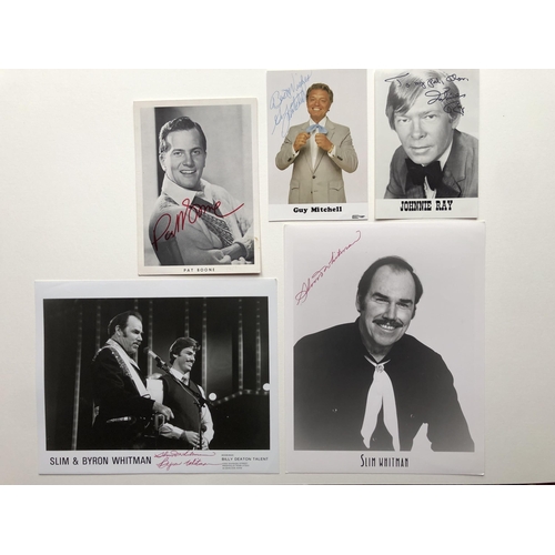 344 - COUNTRY SINGERS; Slim & Byron Whitman, Pat Boone, Johnnie Ray & Guy Mitchell signed photos.